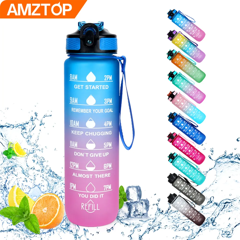 Botella de jarra de agua de plástico del mejor vendedor de Amz, logotipo personalizado, 1000ml, motivacional, Tritan, 1L, botella de agua deportiva Tritan