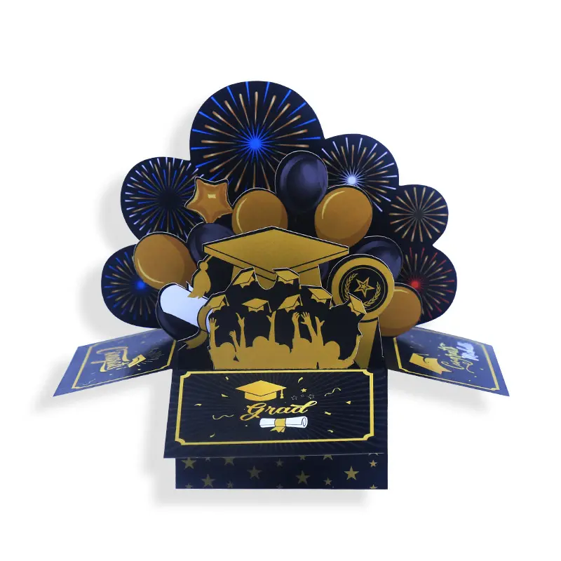 3d Pop-Up Kaarten Afstuderen Seizoen Cap Doos Ornament Fabrikanten Leveren Afdrukken Zwart Goud Creatief Custom