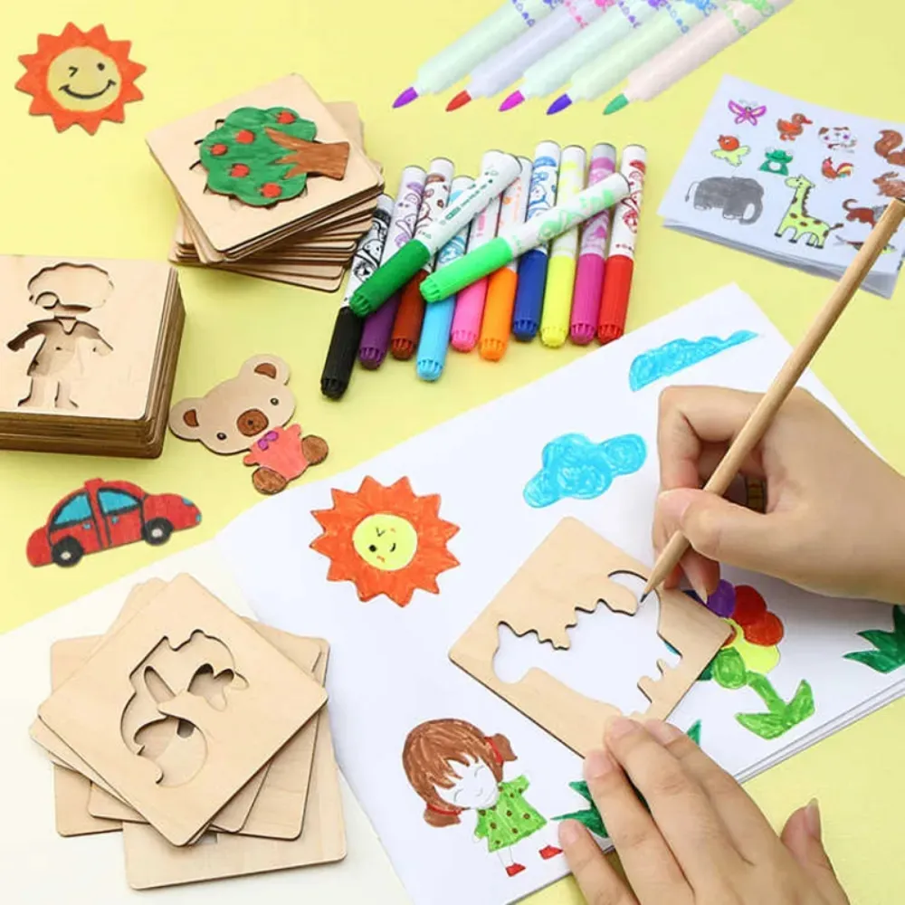 32pcs מונטסורי ילדי ציור צעצועי עץ DIY לילדים מתנות ציור שבלונות תבנית קרפט צעצועי פאזל צעצועים חינוכיים