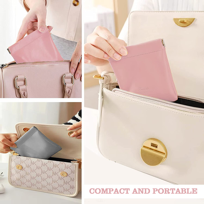 portable storage bags with snap spring automatic close pu leather waterproof mini cosmetic bag custom logo