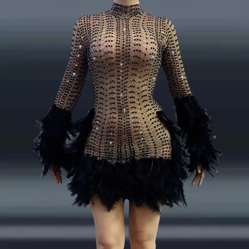 Novance-Vestido de lujo para señora, Vestido Moderno de ocho mangas con plumas decoradas, con diamantes de imitación negros, informal, de plumas, sexi para celebridades, 2021