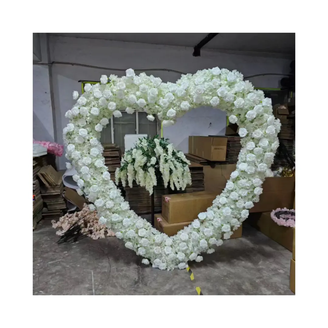 S0415 hot sale event party background arch flower arrangement heart shaped stand white artificial flower backdrop for decoration