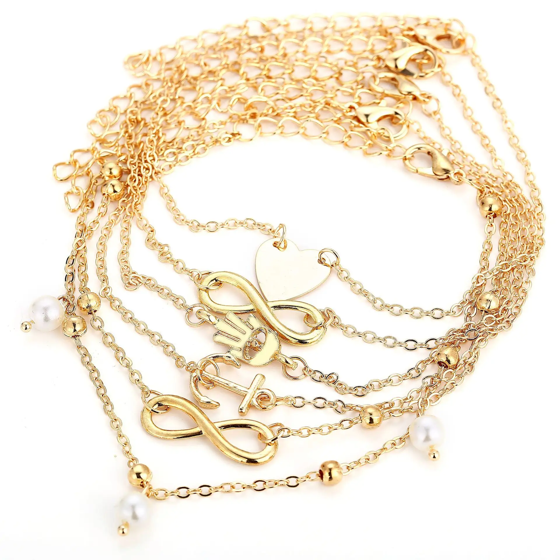 Lot de 5 bracelets de cheville dorés pour femmes, accessoires de plage, style Boho, cœur, symbole de l'infini, ancre, perle, gland, mode d'été, 2022