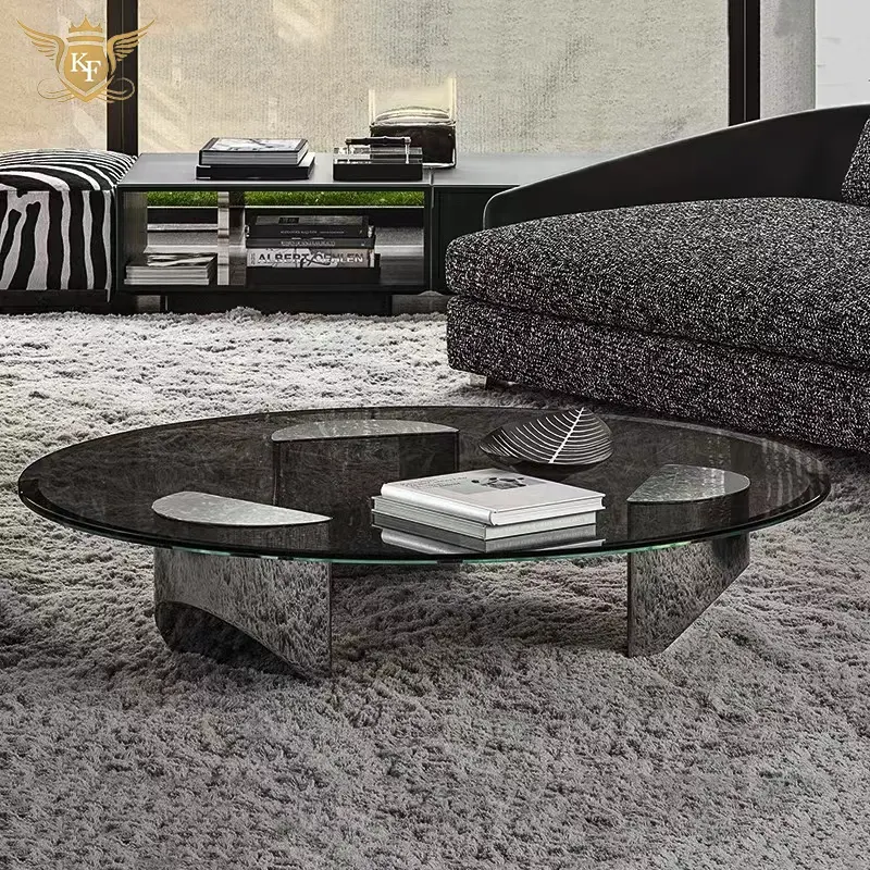 Atacado sala de estar móveis preto vidro mesa de café cromo aço inoxidável base tabela central redonda conjunto de mesa de chá design