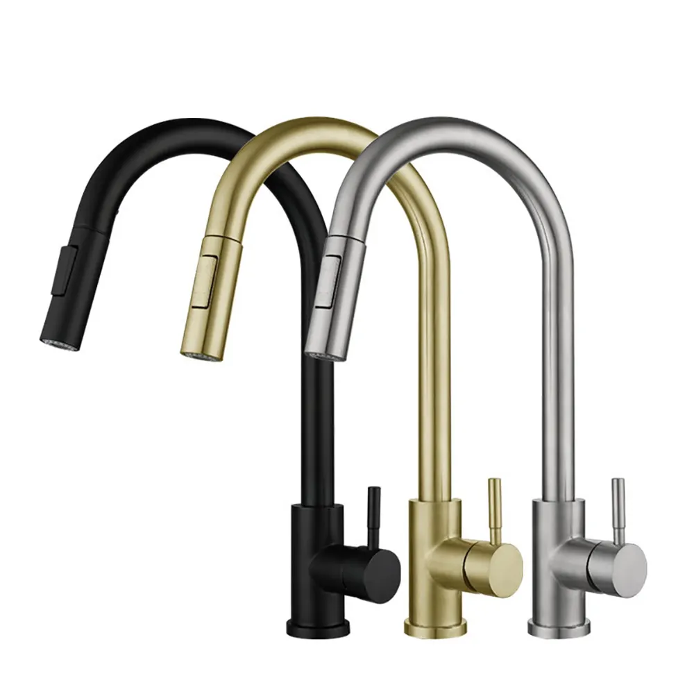 Dual Spout Single Handle Mixer Tap Multifuncional Preto Escovado Ouro Kitchen Sink Faucet Pull Down Spray