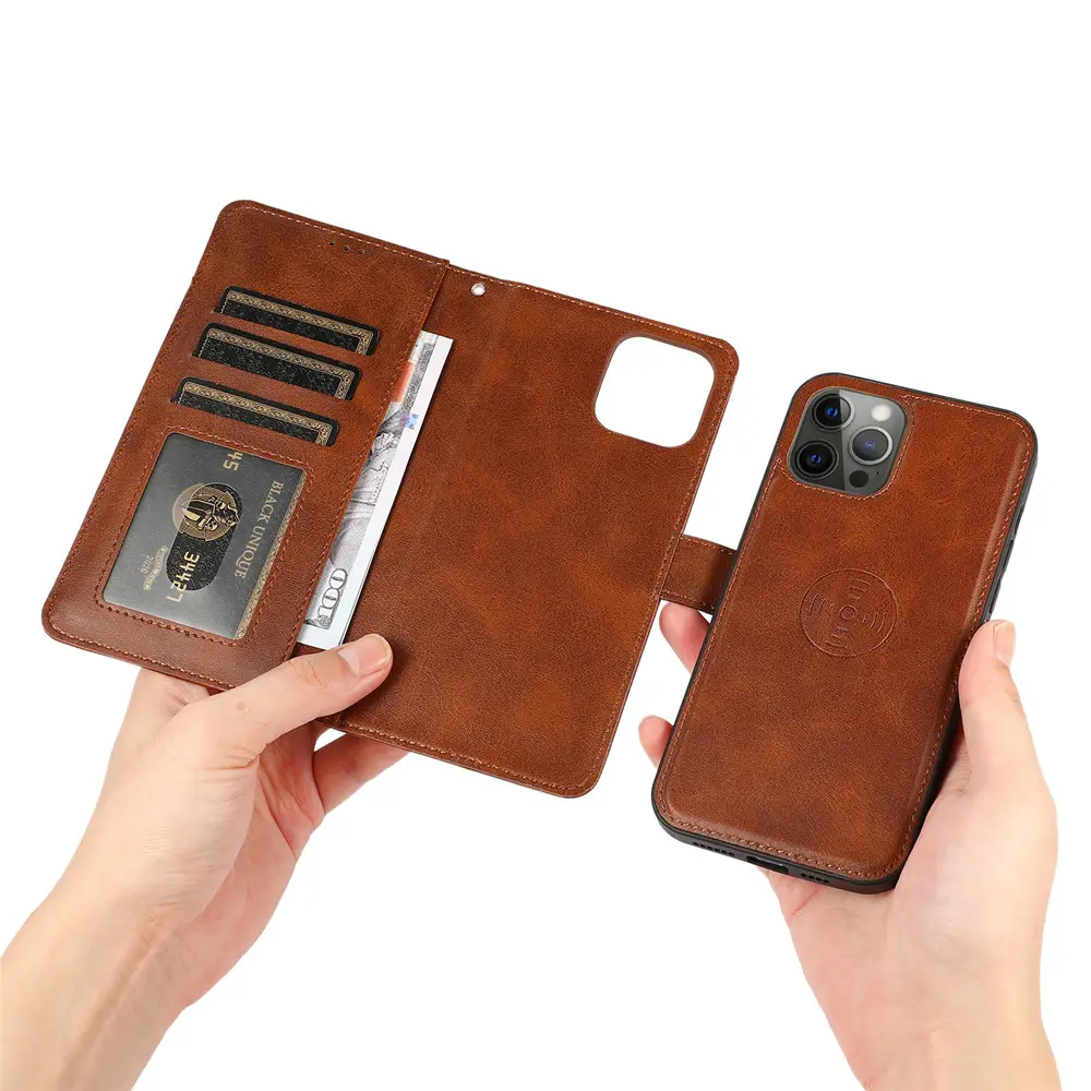 Detachable Magnetic Leather Wallet Phone Case with Strap Mobile Flip Cover for iPhone 13 Pro Max 12 Pro 11 XR XS MAX 6/7/8