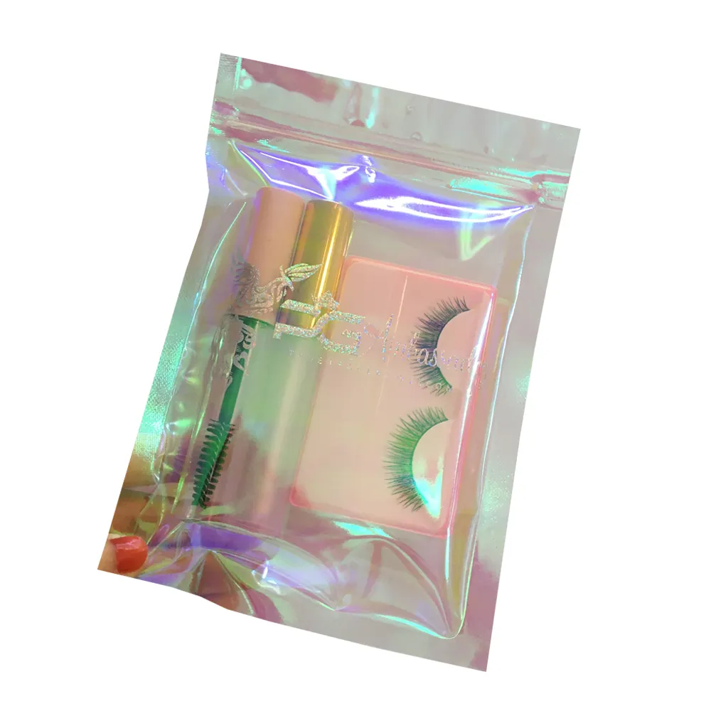 Bolsa de maquillaje holográfica con estampado personalizado, bolsa con cremallera, brillo de labios, tira de gel para uñas