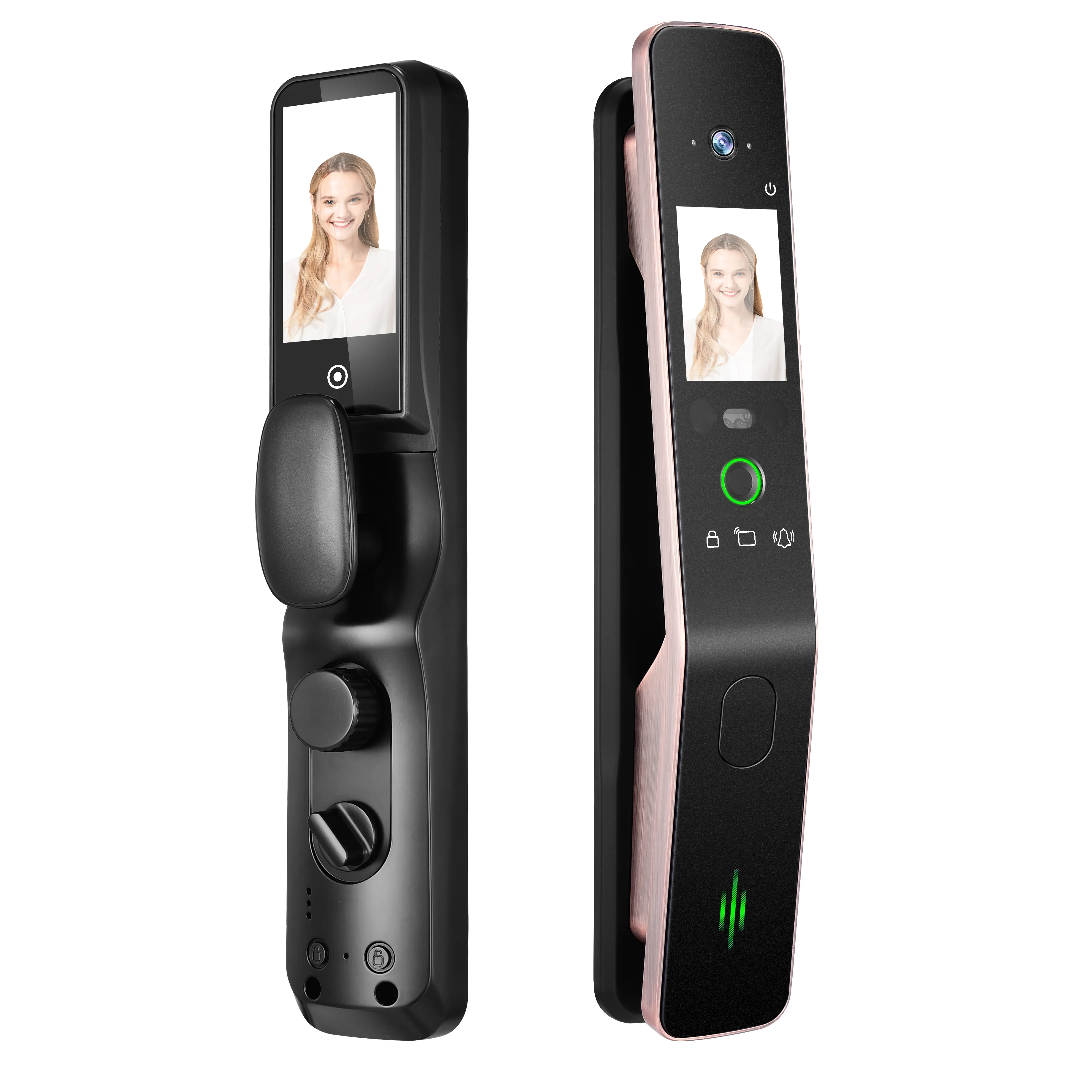 Desain Baru Layar Ganda Monitor 24 Jam Video Interkom Kunci Pintar Kamera Buatan 3D Pindai Wajah & Telapak Tangan dengan Audio 2 Arah