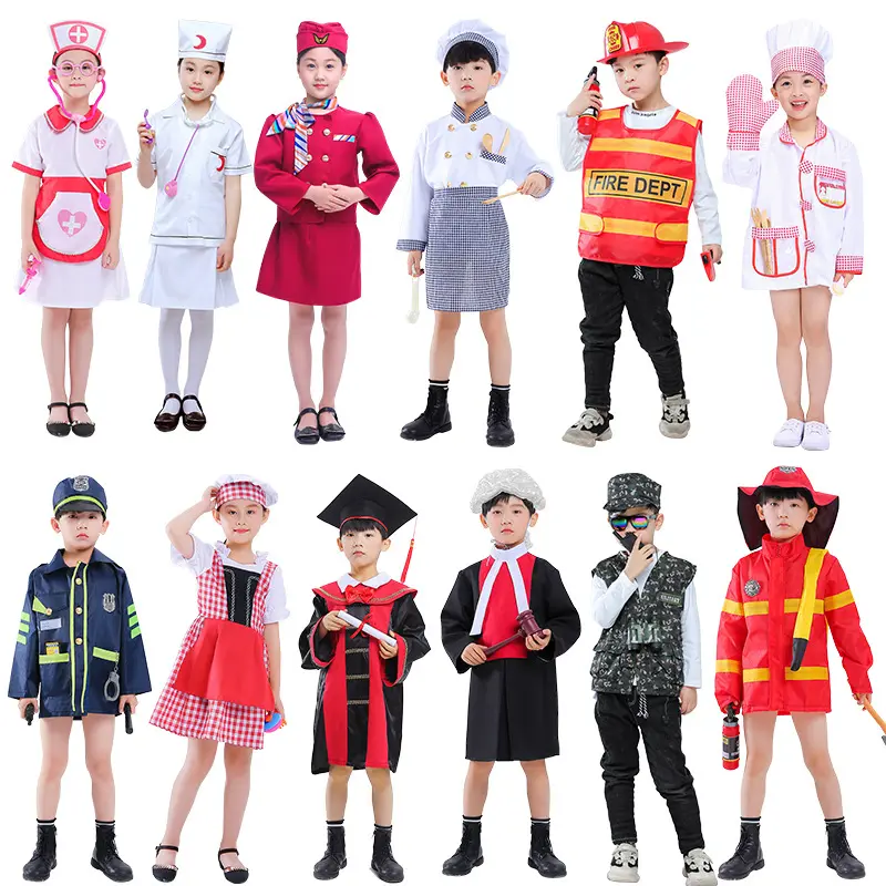Costume cosplay di polizia per bambini di Halloween gioco di ruolo per bambini medici infermiere vigili del fuoco piloti sedie blu scuro attrezzatura da cucina