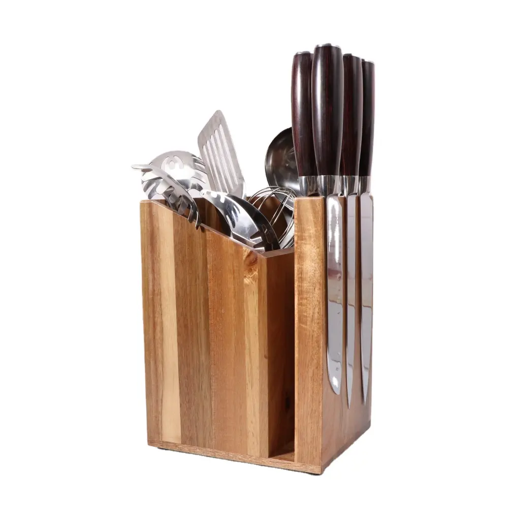 New 2 in 1 Acacia Wood Magnetic Knife block and Utensil Caddy set