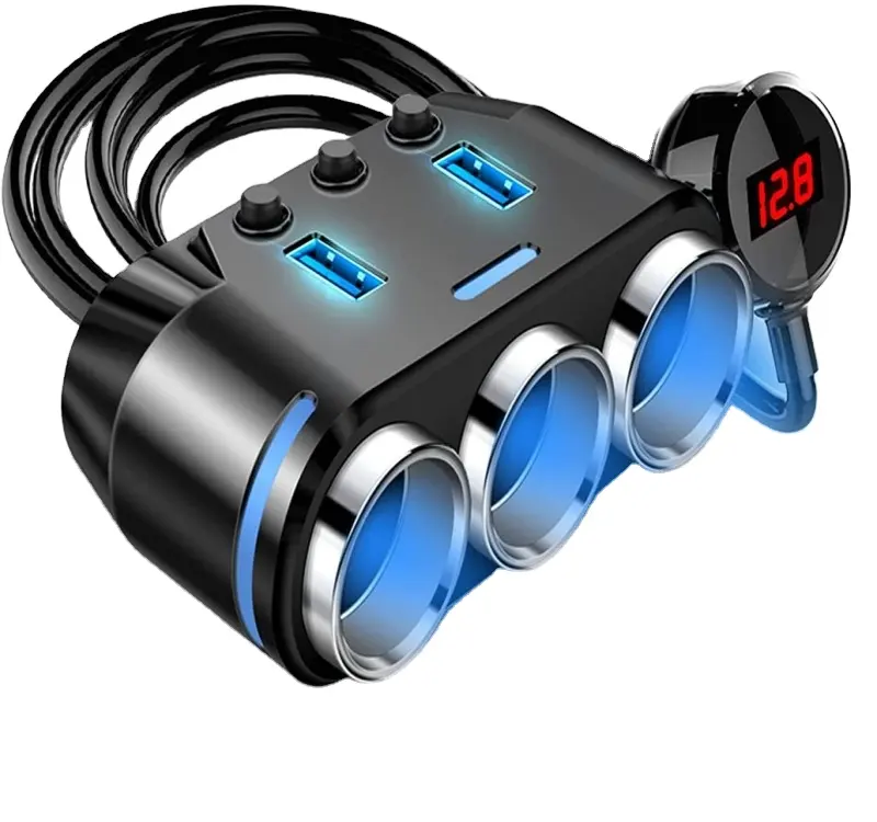 Allume-cigare à 3 prises avec affichage de la tension LED double USB commutateurs de chargeur de voiture 12V adaptateur de voiture/adaptateur d'allume-cigare