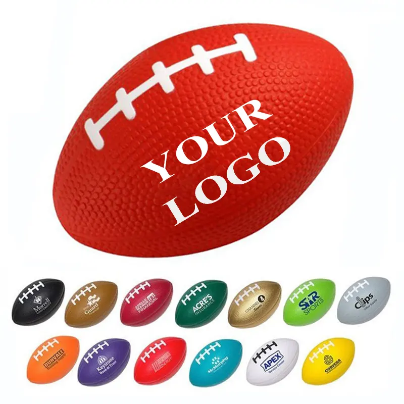 Palla antistress personalizzata a forma di Rugby Logo personalizzato spremere a forma di calcio Anti Stress palla a forma di pallina di Stress giocattolo con Logo