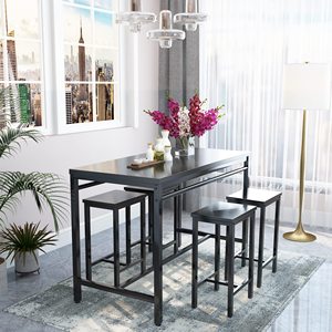 Atacado Industrial Bar Mesa e Cadeiras Set 5-Piece Madeira <span class=keywords><strong>Counter</strong></span> Altura Bar Mesa e 4 cadeiras com apoio para os pés para Restaurante