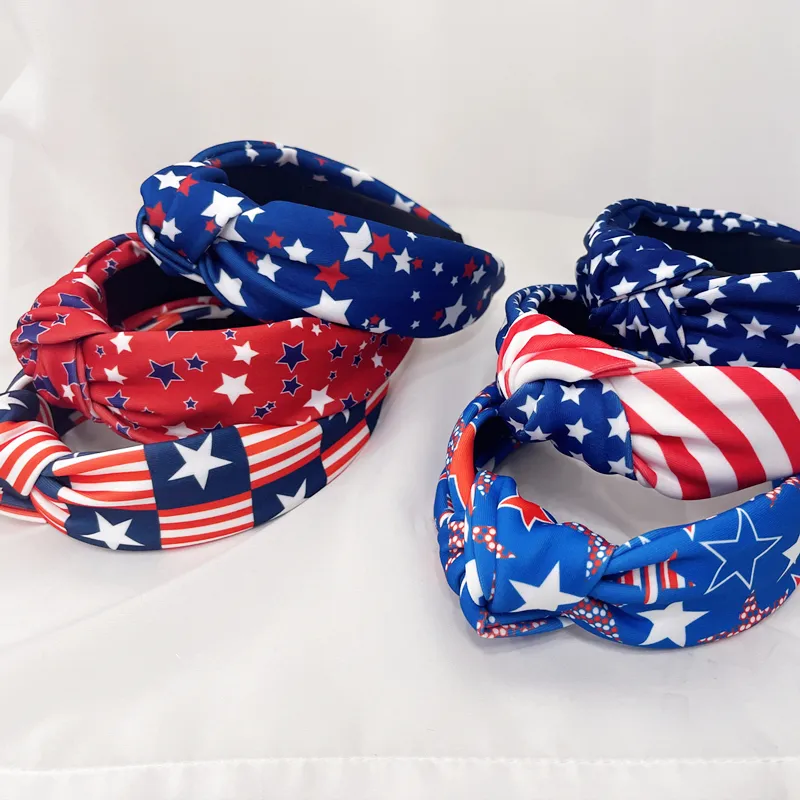 새로운 별-화려한 미국 미국 국기 머리띠 스트라이프 빈티지 매듭 휴일 축하 넓은 챙 독립 기념일 머리띠