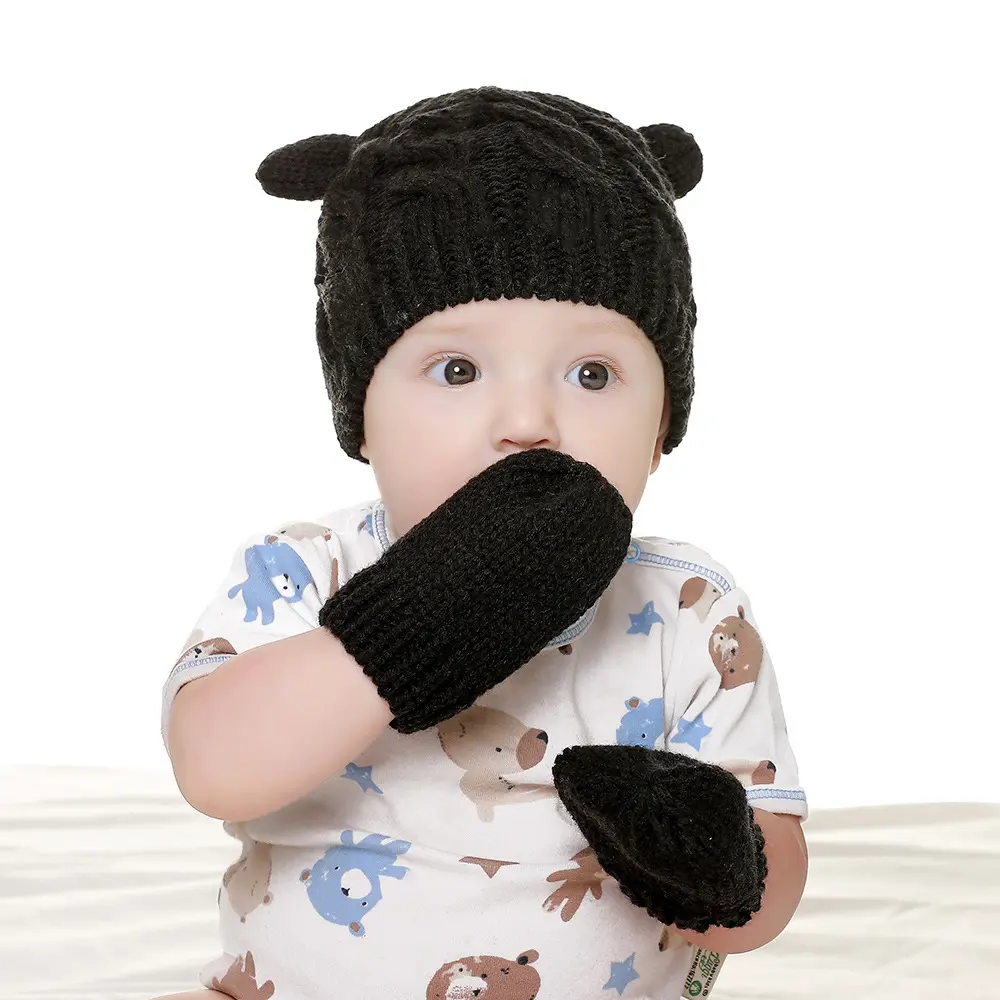 Protección auditiva calidez niños lindos al por mayor baño recién nacido Bennie manopla de punto bebé y sombrero conjunto niña invierno cubo gorras