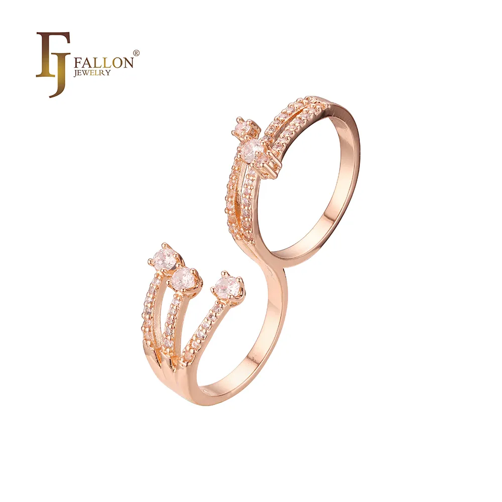 F83201914 FJ Fallon, joyería de moda, anillos de compromiso de doble solitario, piedras Pavin chapadas en oro rosa con base de latón