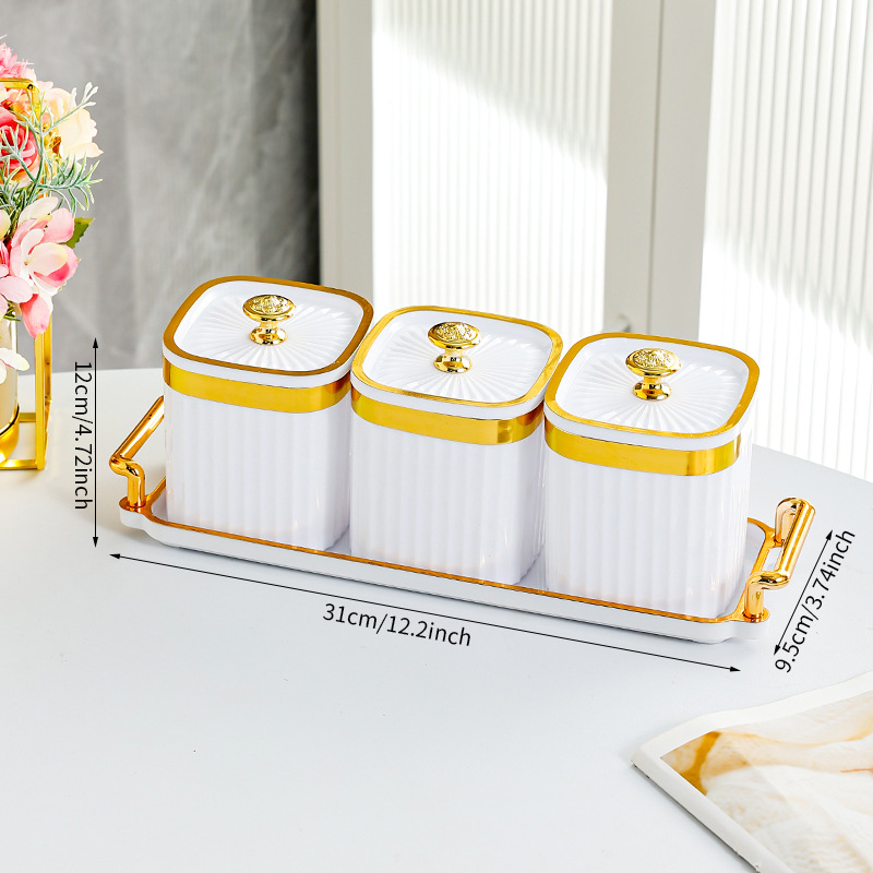 White square jar with 3 compartments - T-shaped gold handle