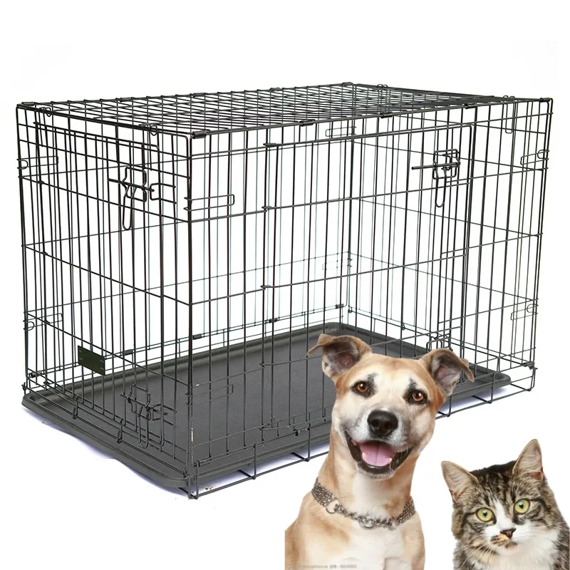 Katlanabilir ve taşınabilir büyük köpek sandık Pet köpekler için demir tel Metal Pet köpek kafesi tepsi ile