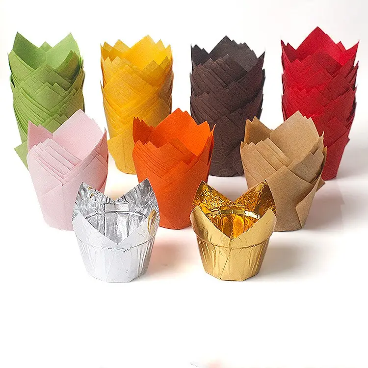 Soportes de papel desechables de grado alimenticio, envoltorios de lunares dorados a rayas de tulipán para magdalenas, magdalenas, vasos para hornear pasteles para panadería