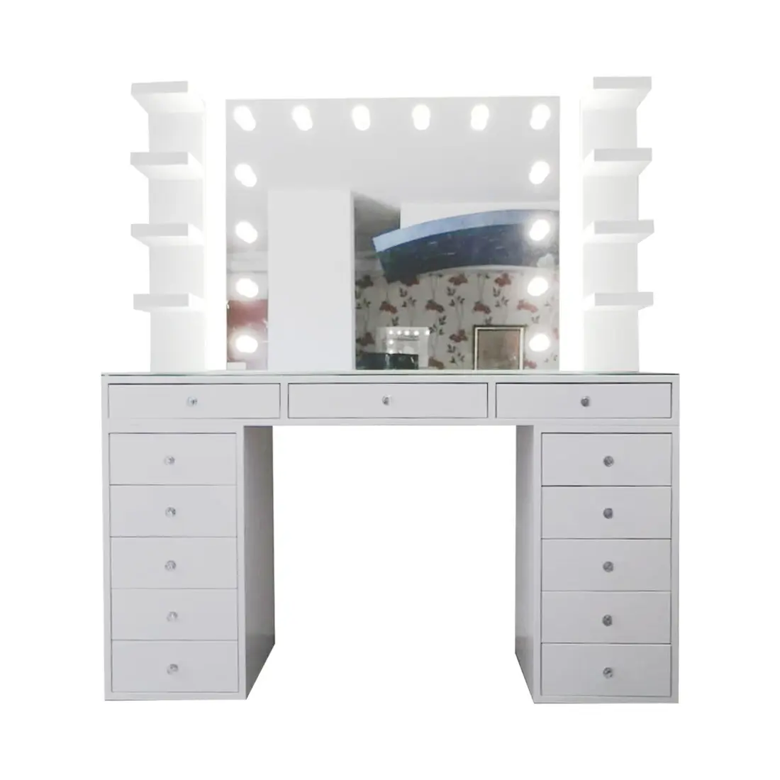 Muebles de dormitorio de lujo, diseño de escritorio transparente, tocador de madera, espejo de Hollywood con bombillas Led y cajón, tocador de maquillaje