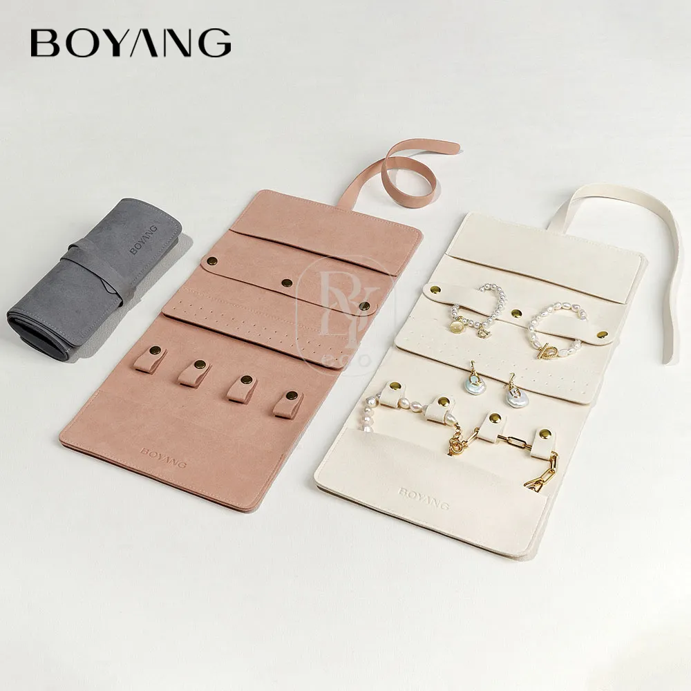 Boyang étui organisateur de bijoux de voyage en microfibre de luxe avec logo personnalisé pochette de rangement de bijoux portable pliable en rouleau