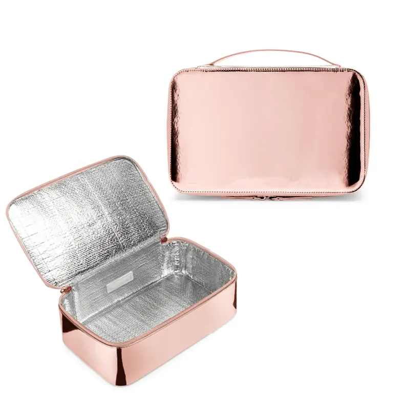 Benutzer definierte Metallic Roségold PU Leder isoliert Kosmetik tasche Reiß verschluss Thermo Make-up Reise Beauty Fall Kühler Make-up Tasche