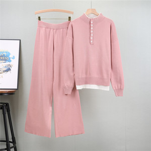 LE4733春季时尚职业香港风格套装女性复古别致针织阔腿裤两件套 - Product Image 1