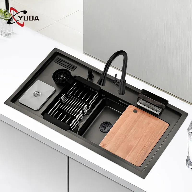 Fregadero de cocina de cascada con pantalla Digital hecha a mano antioxidante, fregadero de cocina de acero inoxidable Nano 304 negro