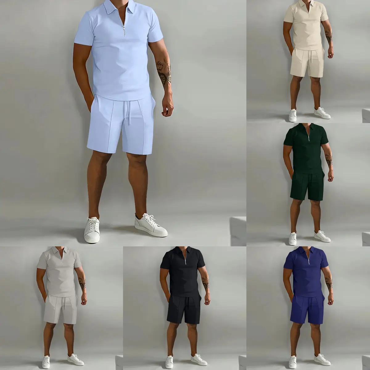Summer Two piece set new mens fashion trend fitness sports loose short sleeve shorts suit men's casual solid color POLO shirt