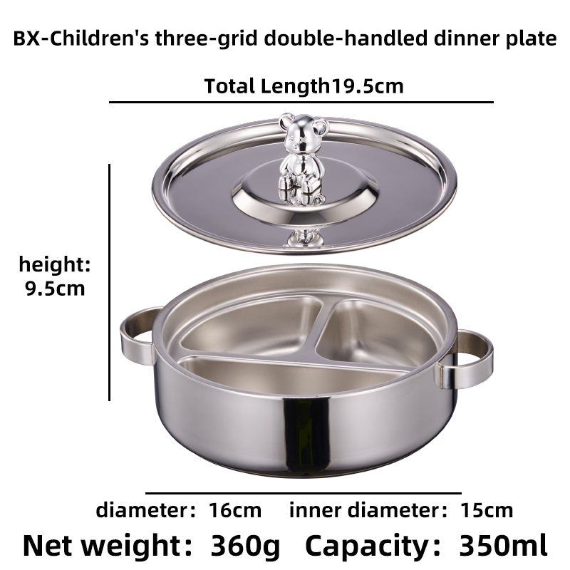 Assiette à trois compartiments pour enfant BX, avec deux poignées.