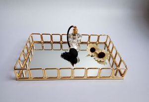 现代金色矩形华丽金属服务镜面托盘与圆形珠宝化妆chrom tablett - Product Image 3