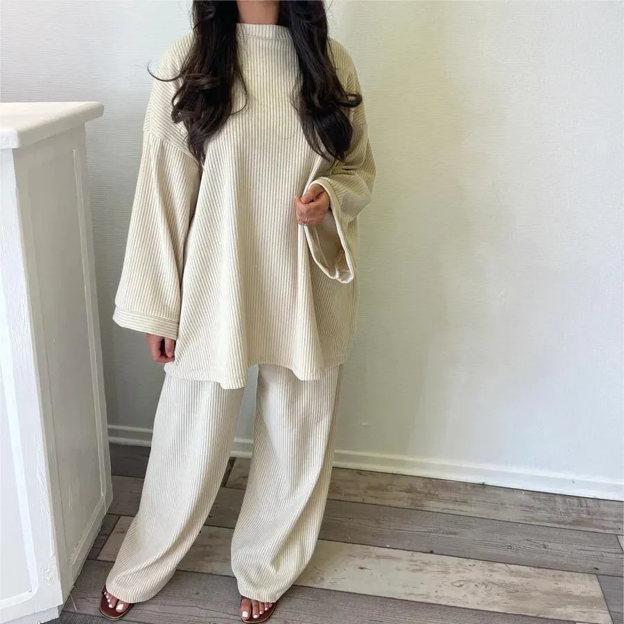 Corduroy Co Ord 2 Piece Abaya Set Islamic Clothing Women Modest Winter Abaya Tunics Oversize Match Pants