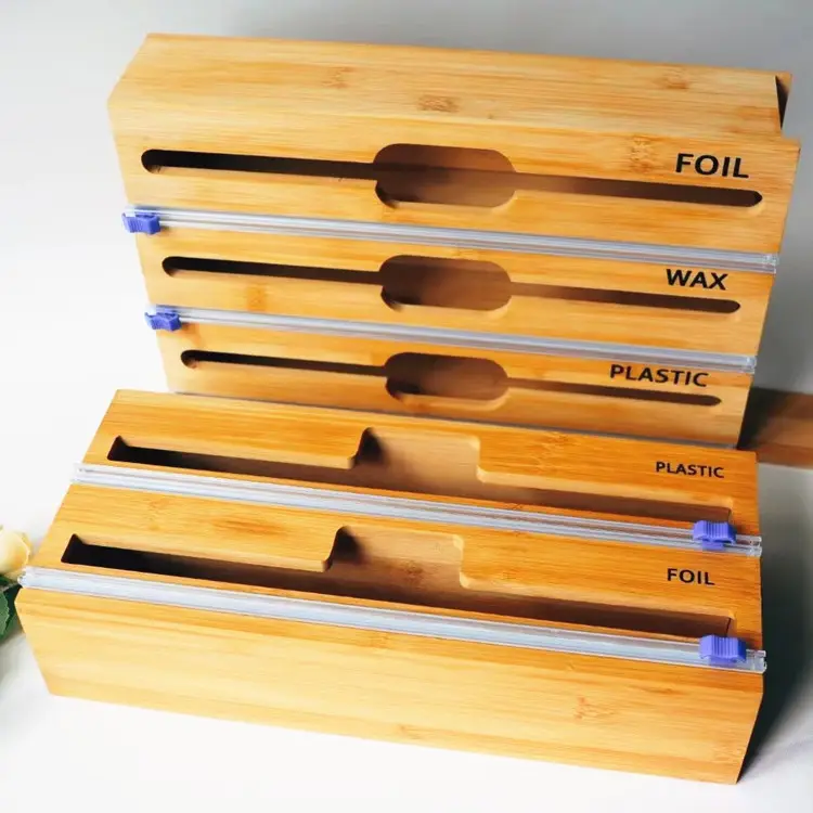 2 in 1 sarma dağıtıcı slayt kesici ile alüminyum folyo ve balmumu kağıt kullanımlık bambu kalay folyo rulo tutucu
