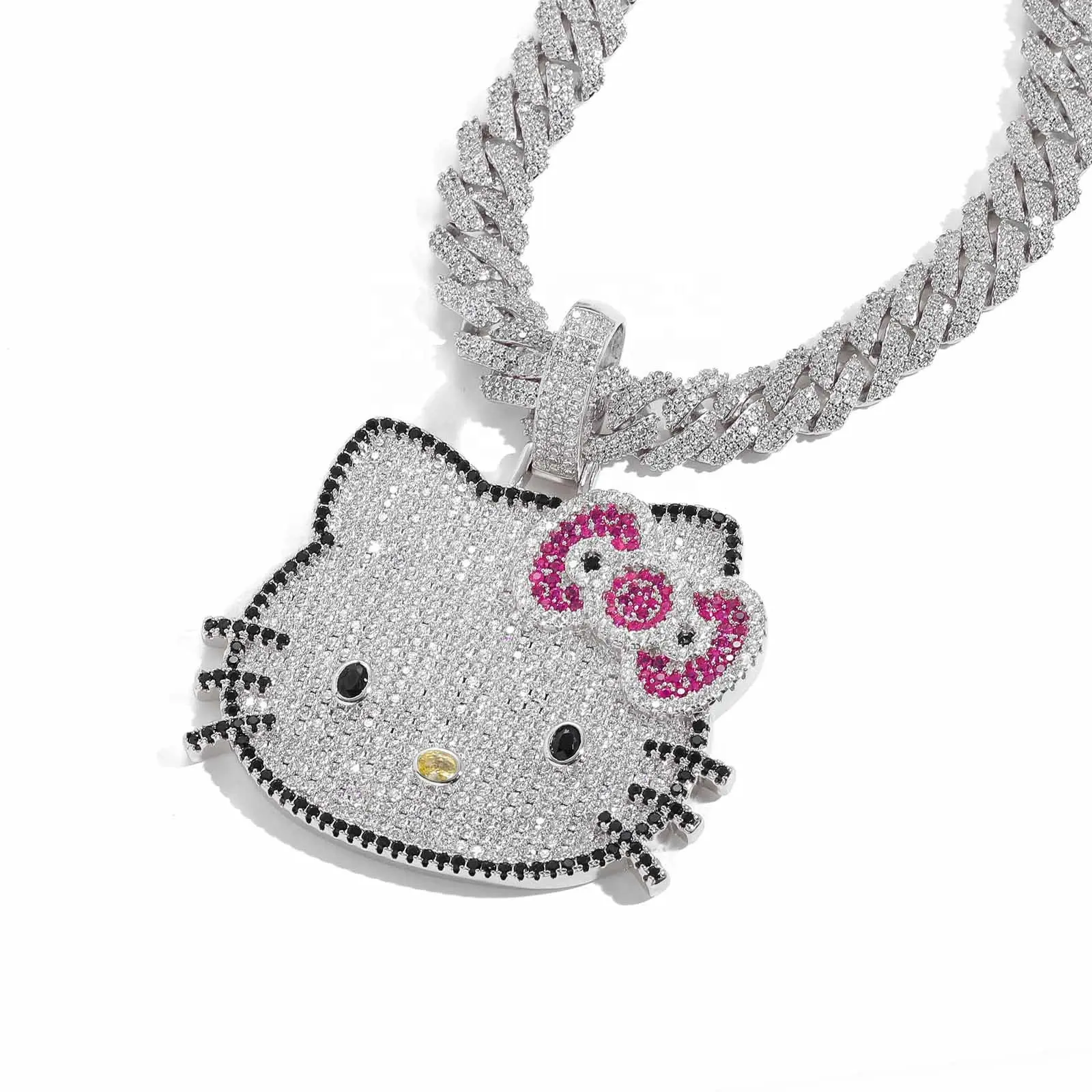 Nueva llegada Hip Hop Iced Out Pink Solid Zircon brillante dibujos animados Hello Kitty joyería lindo gato colgante collar