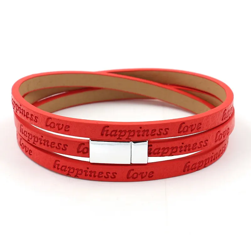 Logotipo personalizado en relieve multicapa de cuero PU impreso Cierre magnético Wrap Charm Bracelet para mujer