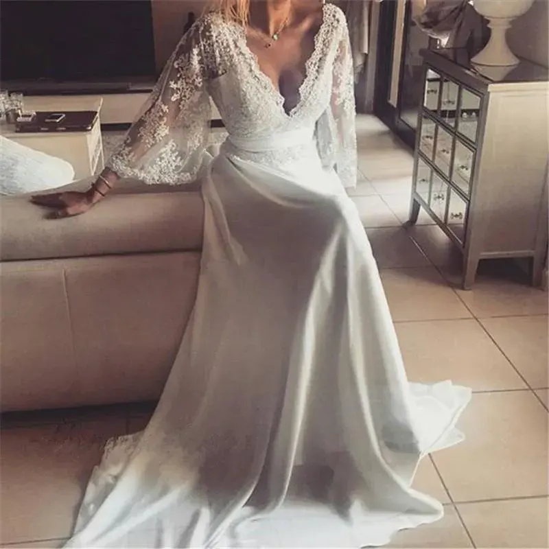 Bohemian dantel gelin gelinlik Backless uzun kollu derin V boyun gelinlik Boho şifon artı boyutu plaj gelin elbiseleri