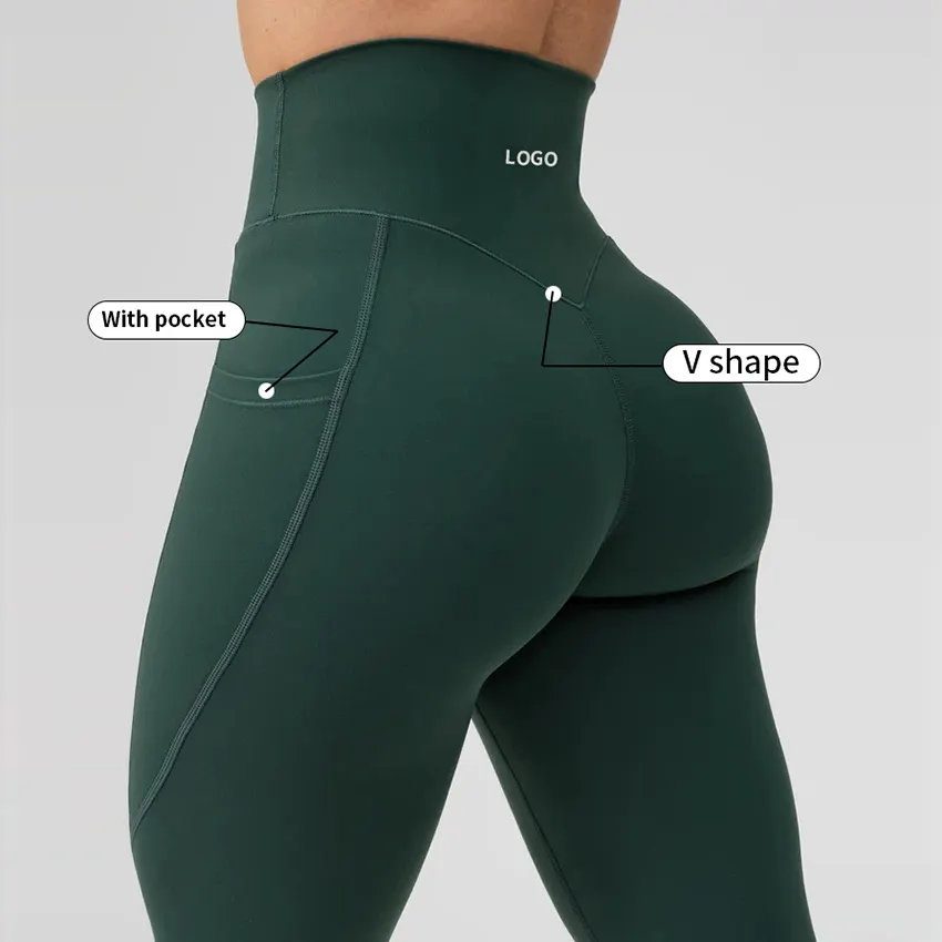 Custom Sports Yoga Pants Estiramento de cintura alta Scrunch Butt Lift V Leggings traseiros com bolsos Workout Gym Yoga Leggings para mulheres
