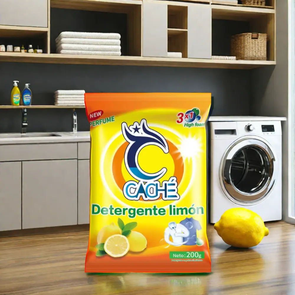 China Factory 200g Detergente en polvo perfumado con limón Eliminador de manchas de perfume de larga duración Detergente para ropa azul en polvo