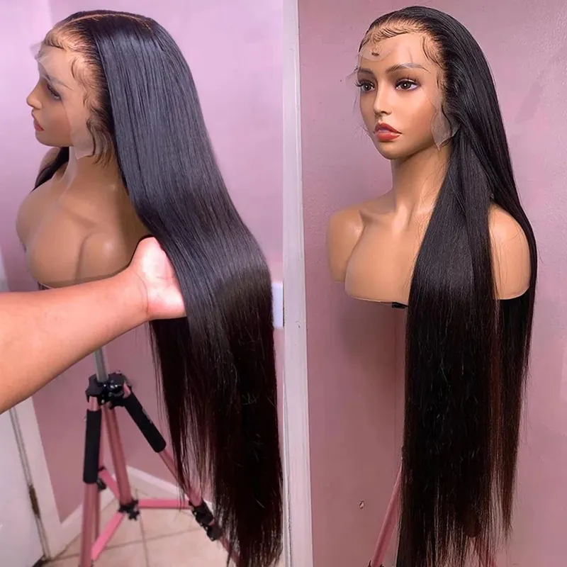 Perruque Lace Front wig 100% naturelle indienne Remy, cheveux humains lisses, 13x4, pre-plucked, Double étiré, sans colle, perruque Lace Frontal HD