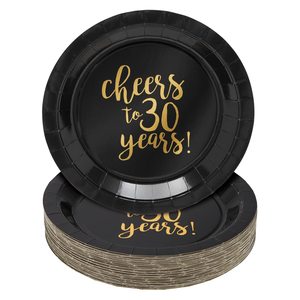 Modern 9-Inch Black <strong>Gold</strong> Foil Disposable Paper Plate <strong>Cheers</strong> to 30 Years 30th Birthday Anniversary Party Supplies - Product Image 1