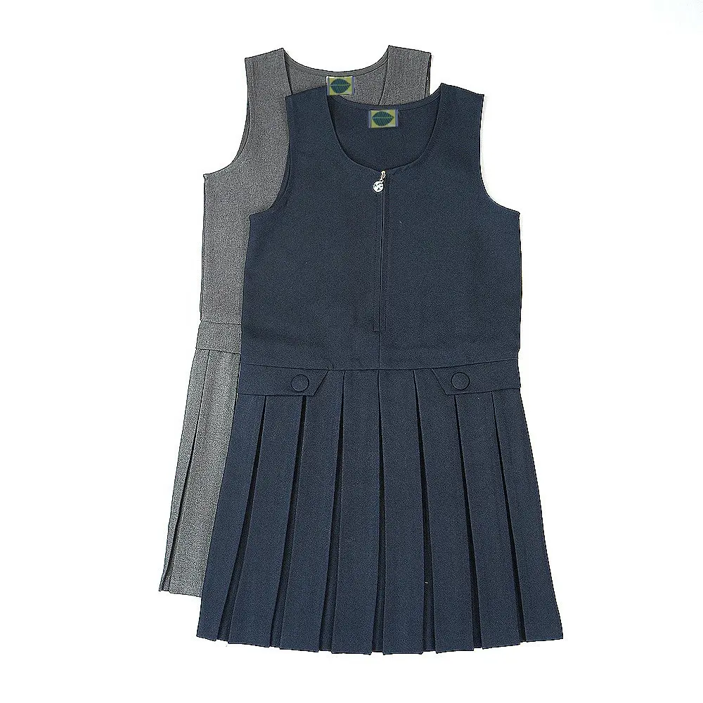 Okul üniforması önlük tasarım kızlar birincil genç Zip ön kolsuz önlük okul üniforması elbise
