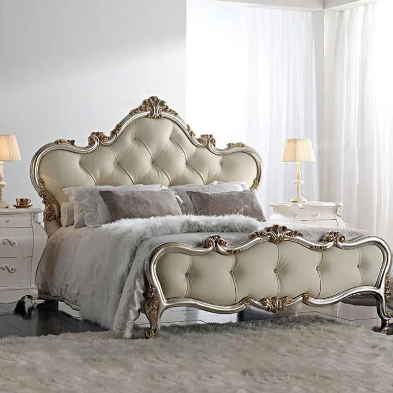 أثاث غرفة نوم ملكي كلاسيكي أثاث خشبي مستوحى من الماضي من خشب الورد مع سرير بحجم كبير منجد ومزخرف بطاولة رأس منحوتة