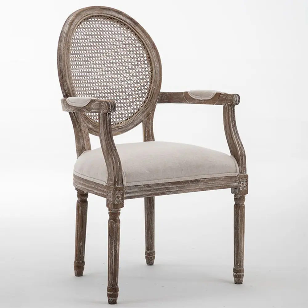 American Antique Fabric Braço Rattan Cadeira Francês Madeira Sólida Jantar Braço Casamento Evento Cadeira Empilhada