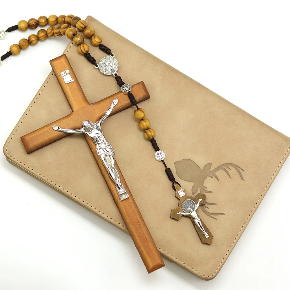 Kalung Salib Katolik, Manik Rosario Kayu Buatan Tangan 7.8 "Soul Crucifix Set Hadiah Medali Katolik