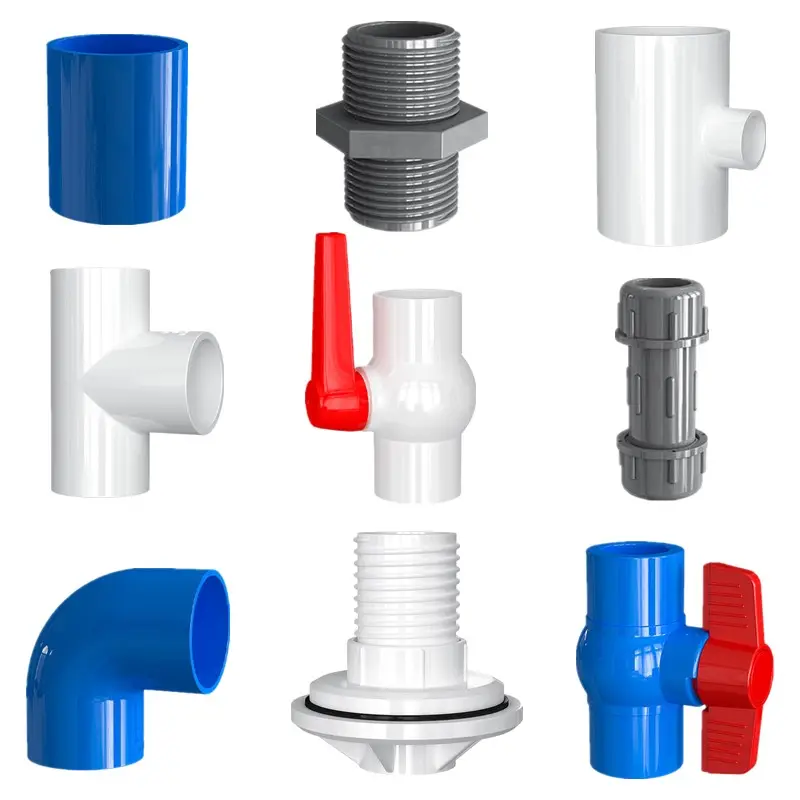 Todo tipo de accesorios de tubería de PVC para plomería suministro de agua válvula de bola de PVC conector de plástico de 4 vías 45 90 grados codo brida tee