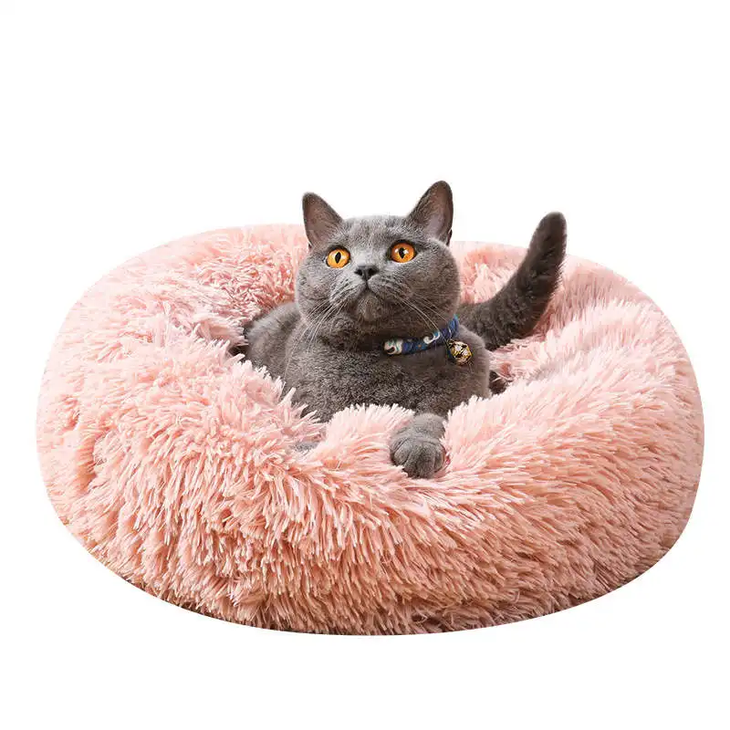 애완 동물 Dropshipping 부드러운 따뜻한 가짜 모피 도넛 개 침대 진정 플러시 럭셔리 솜털 애완 동물 침대 라운드 빨 사용자 정의 로고