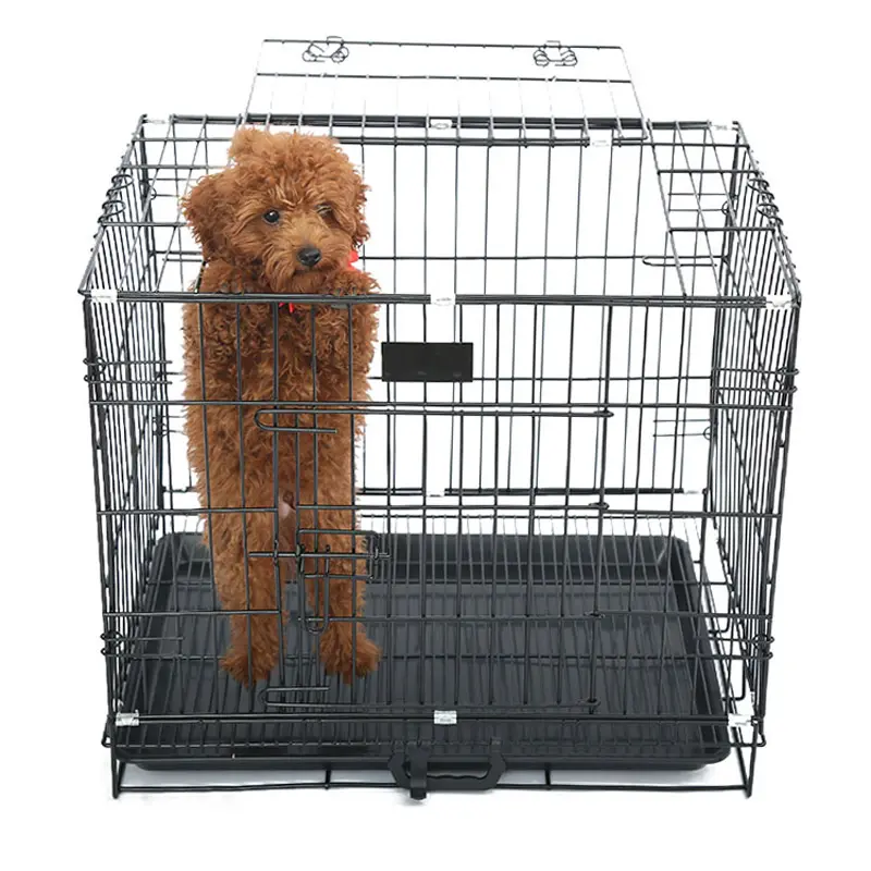 Cage pliante en métal pour animaux de compagnie Double porte panneau plateau fil Cage chien chenil étanche en plastique Animal intérieur extérieur pliable lettre