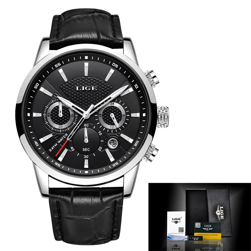 Lige — montre-bracelet en cuir pour hommes, marque de luxe, de haute qualité, étanche, à Quartz, 9866