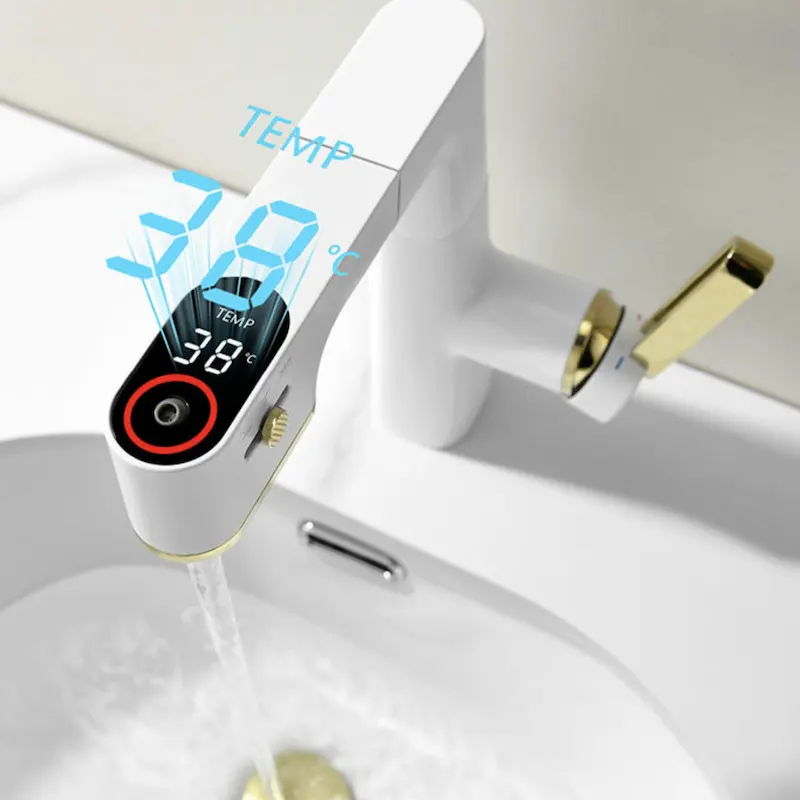 Robinet de lavabo à affichage numérique intelligent avec LED Pistolet Gris Grande Cascade Robinet de lavabo rotatif Robinet de salle de bain monté sur le pont