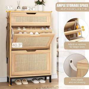 Wholesale Compartments Modern 3 Layers Flip Wooden Rattan Shoe Cabinet Rack Organizer Space Saving for <strong>Entry</strong> - Product Image 2